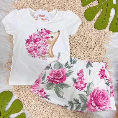 Conj. Blusa Porquinha com Flores e Short Saia Floral - Off White e Rosa